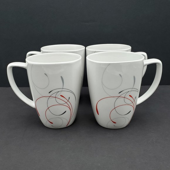 Corelle Splendor Mugs White Porcelain Mugs With Red Gray Swirls - Picture 1 of 8